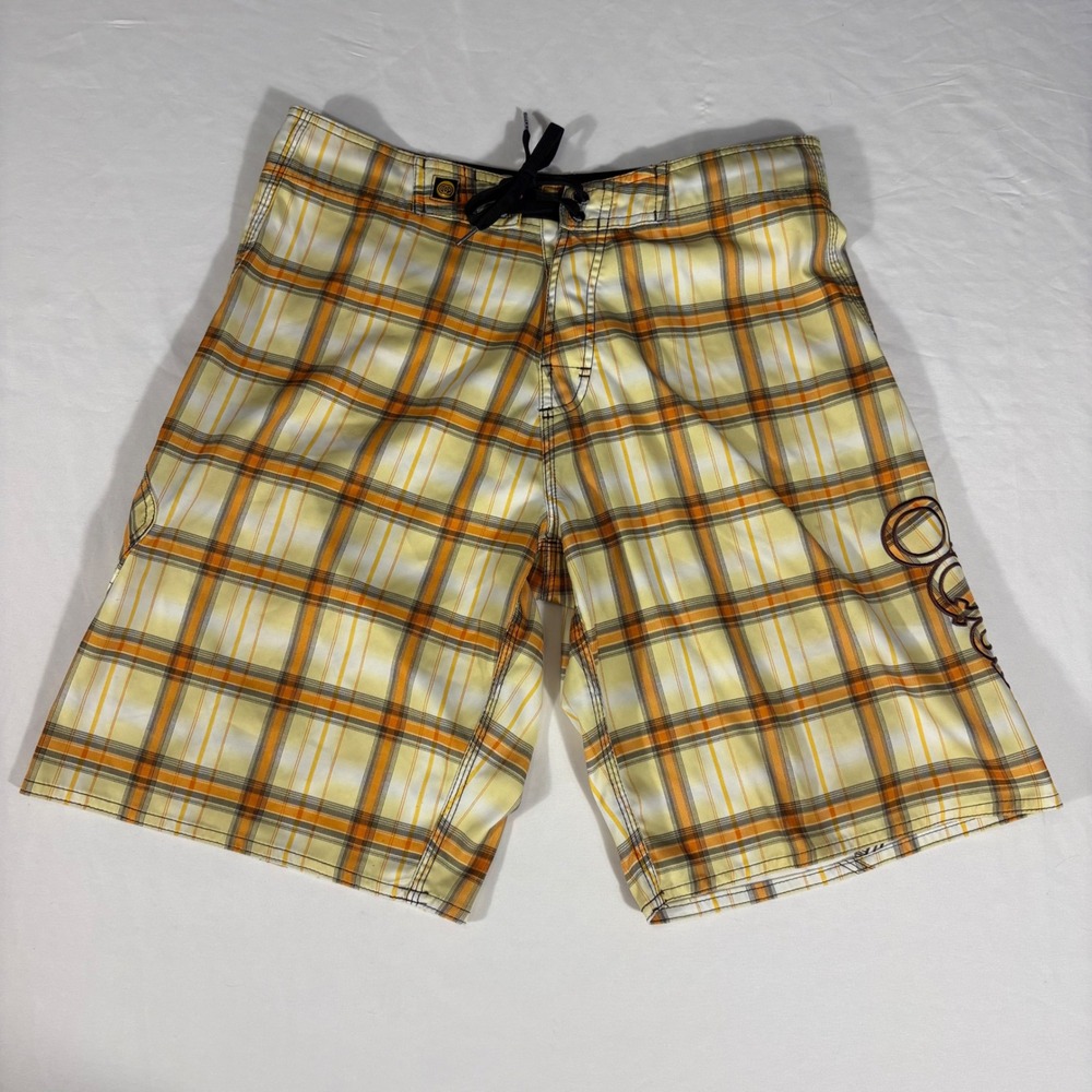 O'Quinn Mens Plaid Board Shorts Swim Trunks Beach Summer Size 32 Orange Yellow